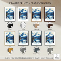 Glacier Bay framed print with snow-capped mountains, shown in eight frame color options.