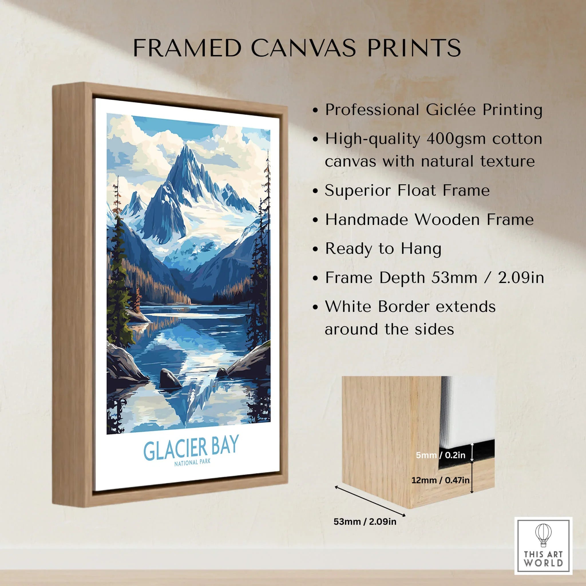 Glacier Bay National Park framed canvas print with mountain lake art and float wooden frame.