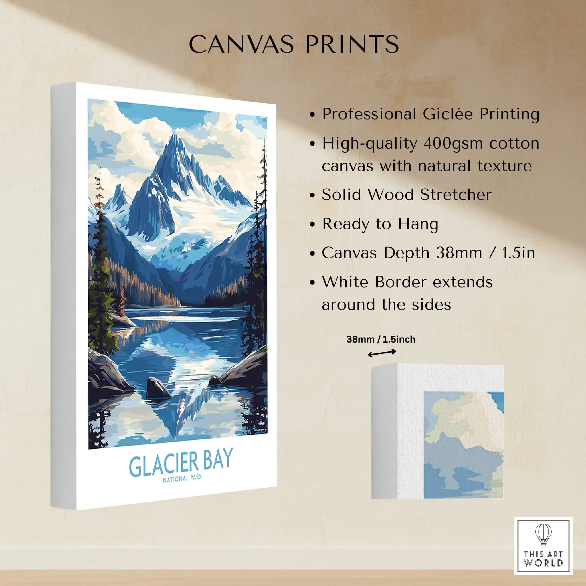 Glacier Bay National Park canvas print featuring mountains, lake, and pine trees, with print details