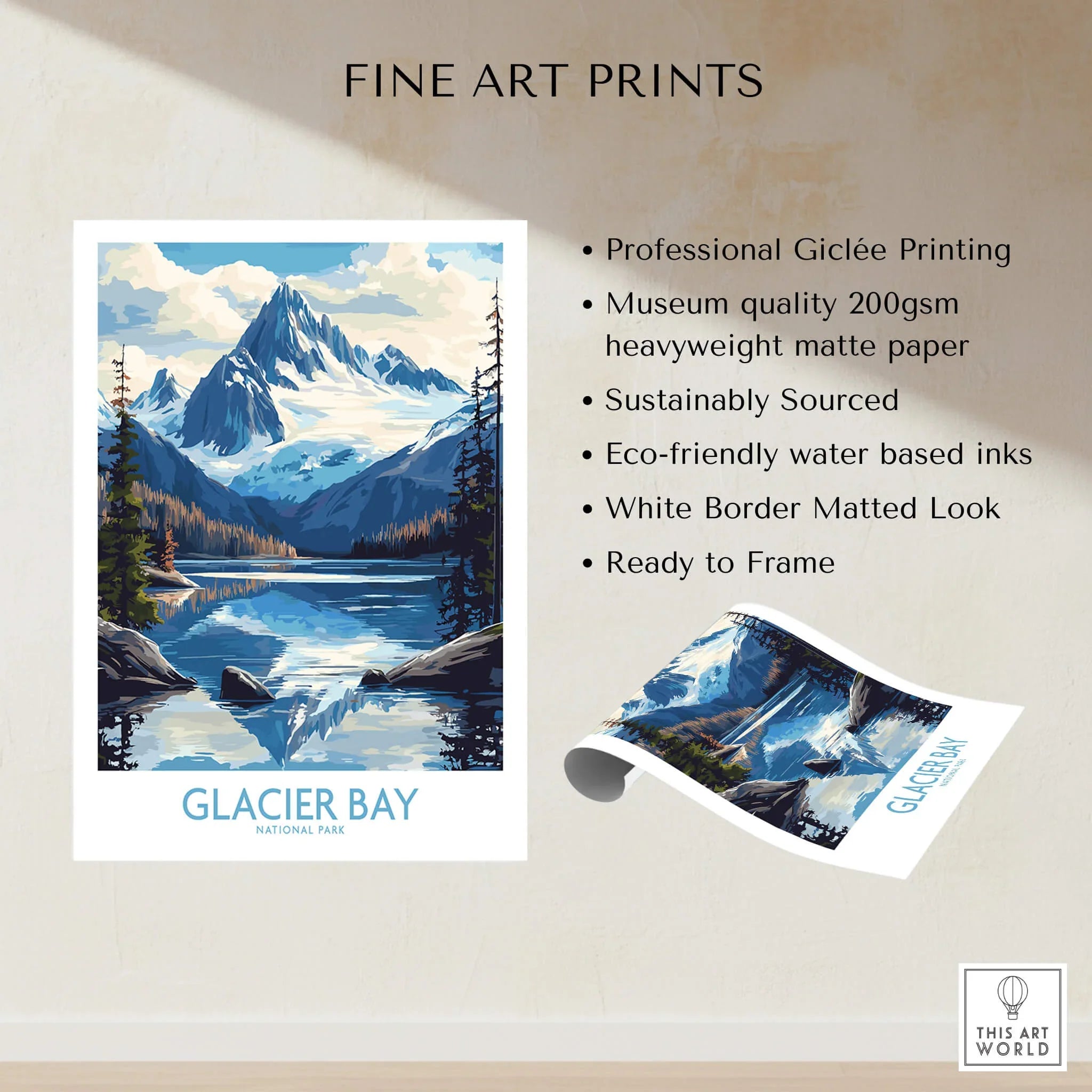 Glacier Bay National Park fine art print with snow-capped mountains, lake, and pine trees.