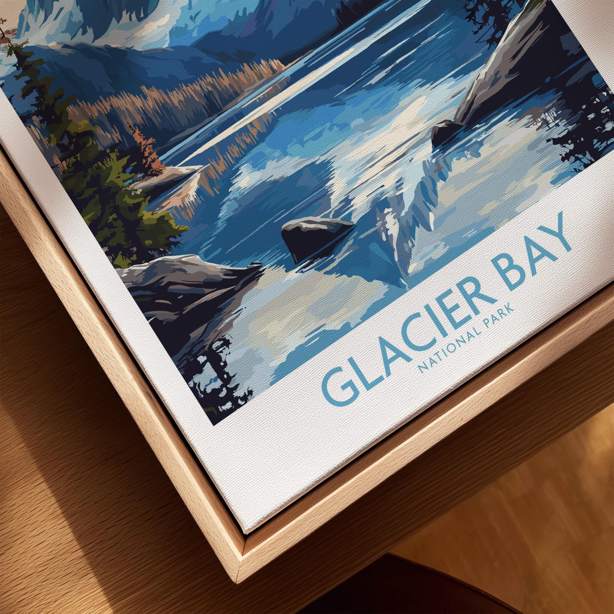 Glacier Bay National Park art print on canvas in natural wood floating frame, closeup view