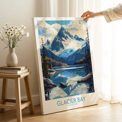 Glacier Bay National Park art print with mountains and lake, held in cozy room setting
