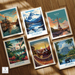 Set of six framed travel art prints featuring Venice, Glacier Bay, Paris, Singapore, Barcelona, and Sri Lanka, displayed on a wooden floor.