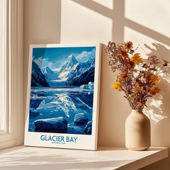 Glacier Bay National Park travel poster art print on windowsill with vase of dried flowers