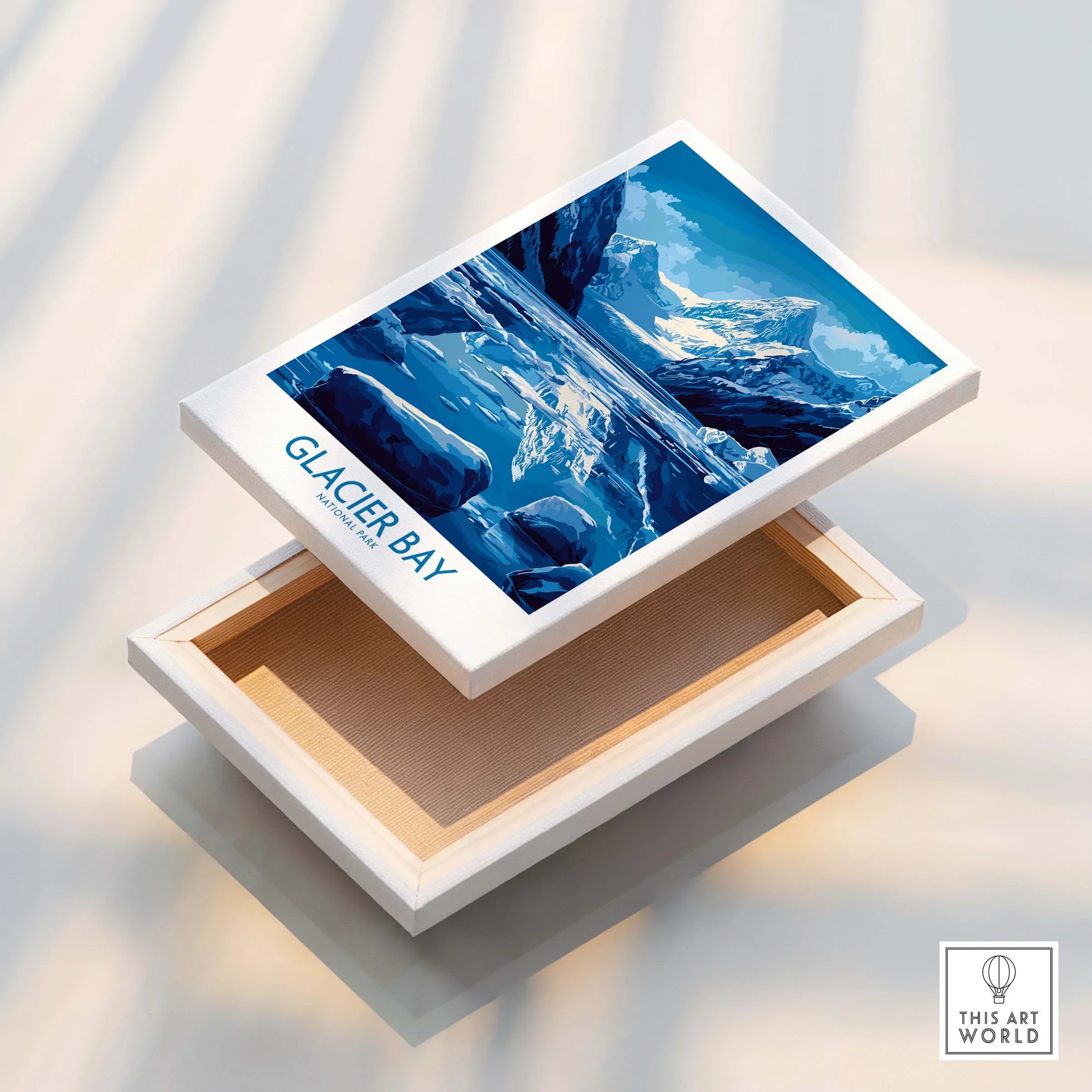 Glacier Bay stretched canvas print with floating frame, featuring blue mountain and lake art.