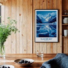 Glacier Bay National Park art print in black frame on wood wall in modern kitchen setting