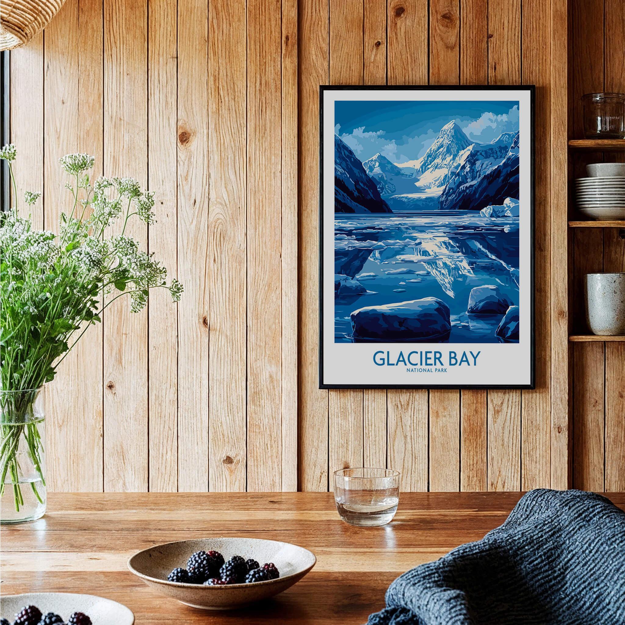 Glacier Bay National Park art print in black frame on wood wall in modern kitchen setting