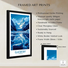 Framed Glacier Bay National Park print with mountains, icy lake, and product details