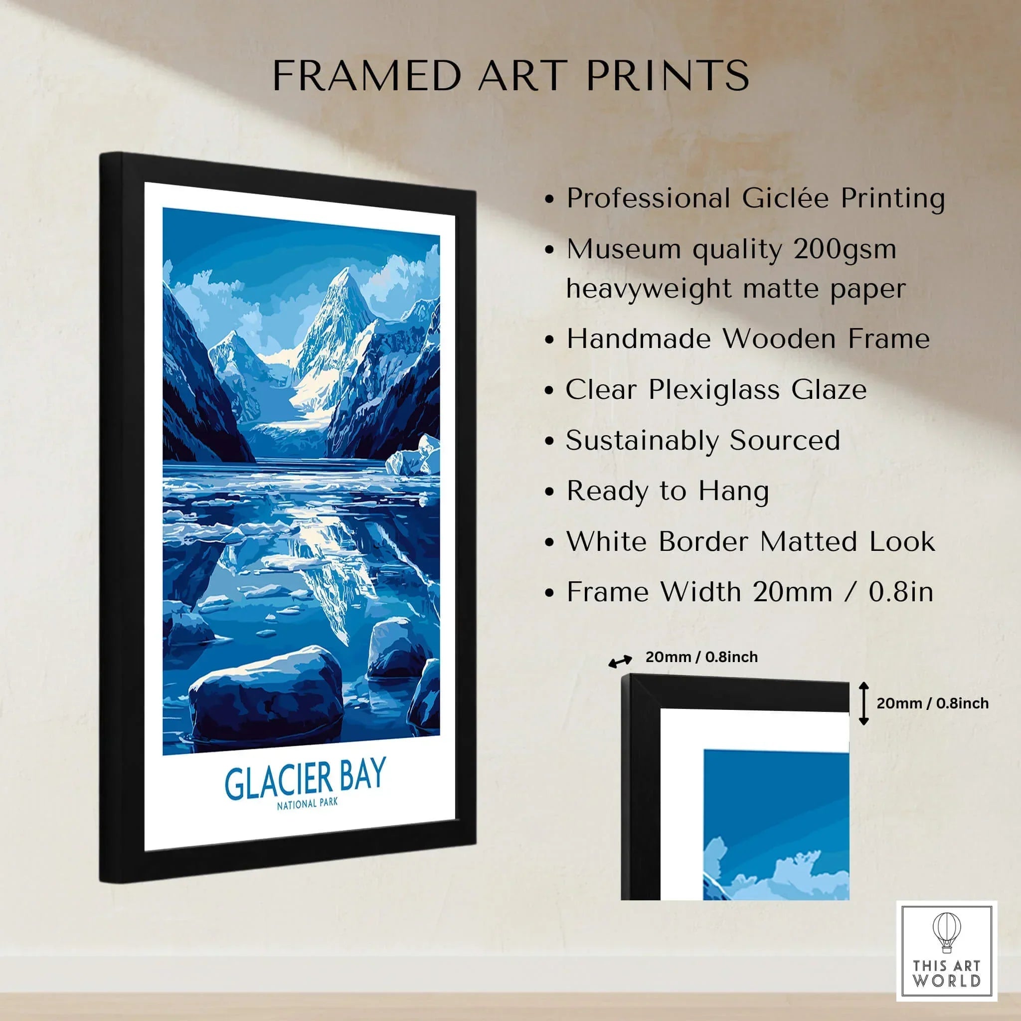 Framed Glacier Bay National Park print with mountains, icy lake, and product details