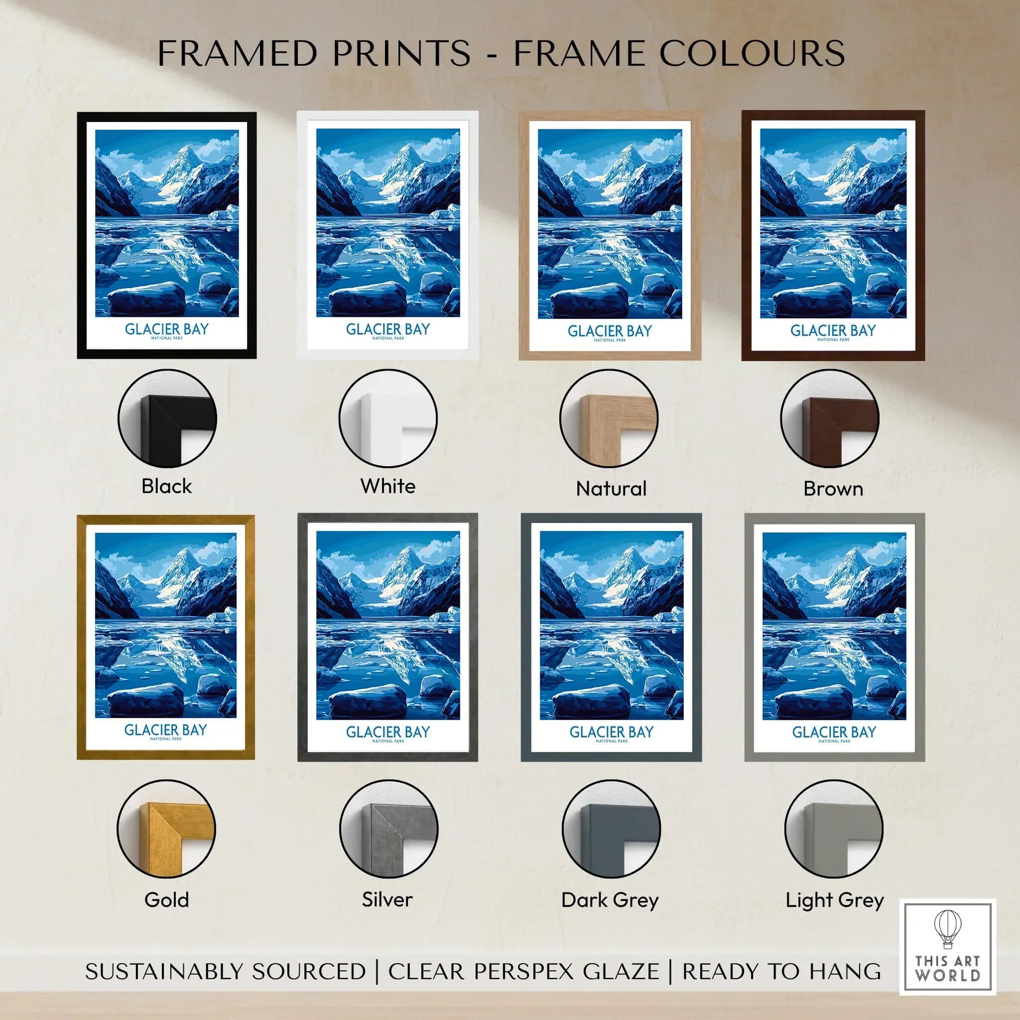 Glacier Bay wall art print with mountain landscape shown in eight frame color options.