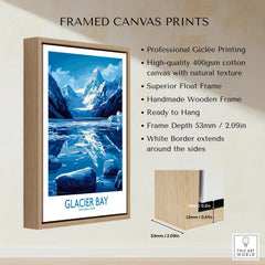 Framed Glacier Bay National Park canvas wall art with mountain and icy lake, wooden float frame details.
