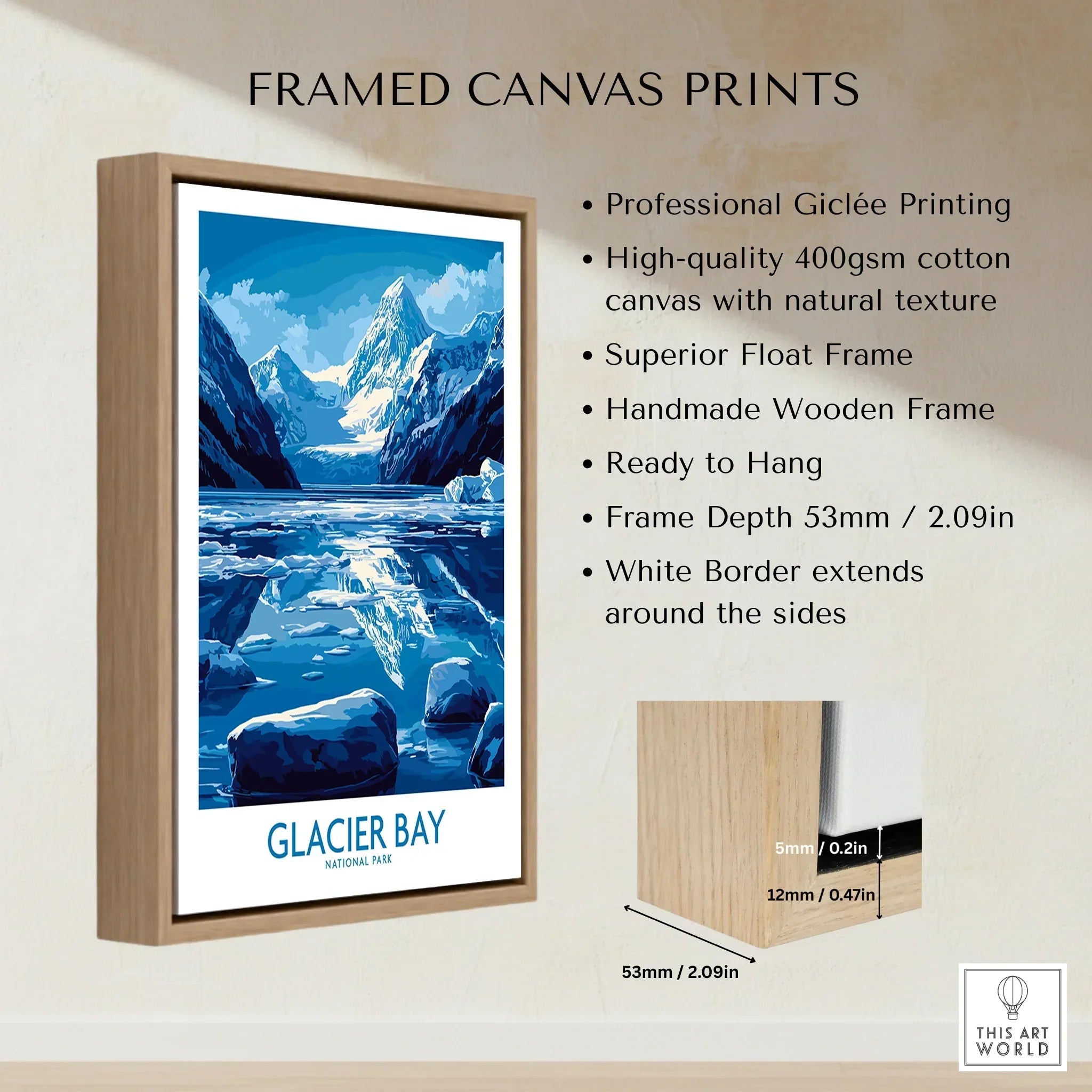 Framed Glacier Bay National Park canvas wall art with mountain and icy lake, wooden float frame details.