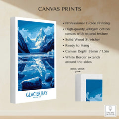 Glacier Bay National Park canvas print featuring icy blue mountains and lake reflection, wall art.