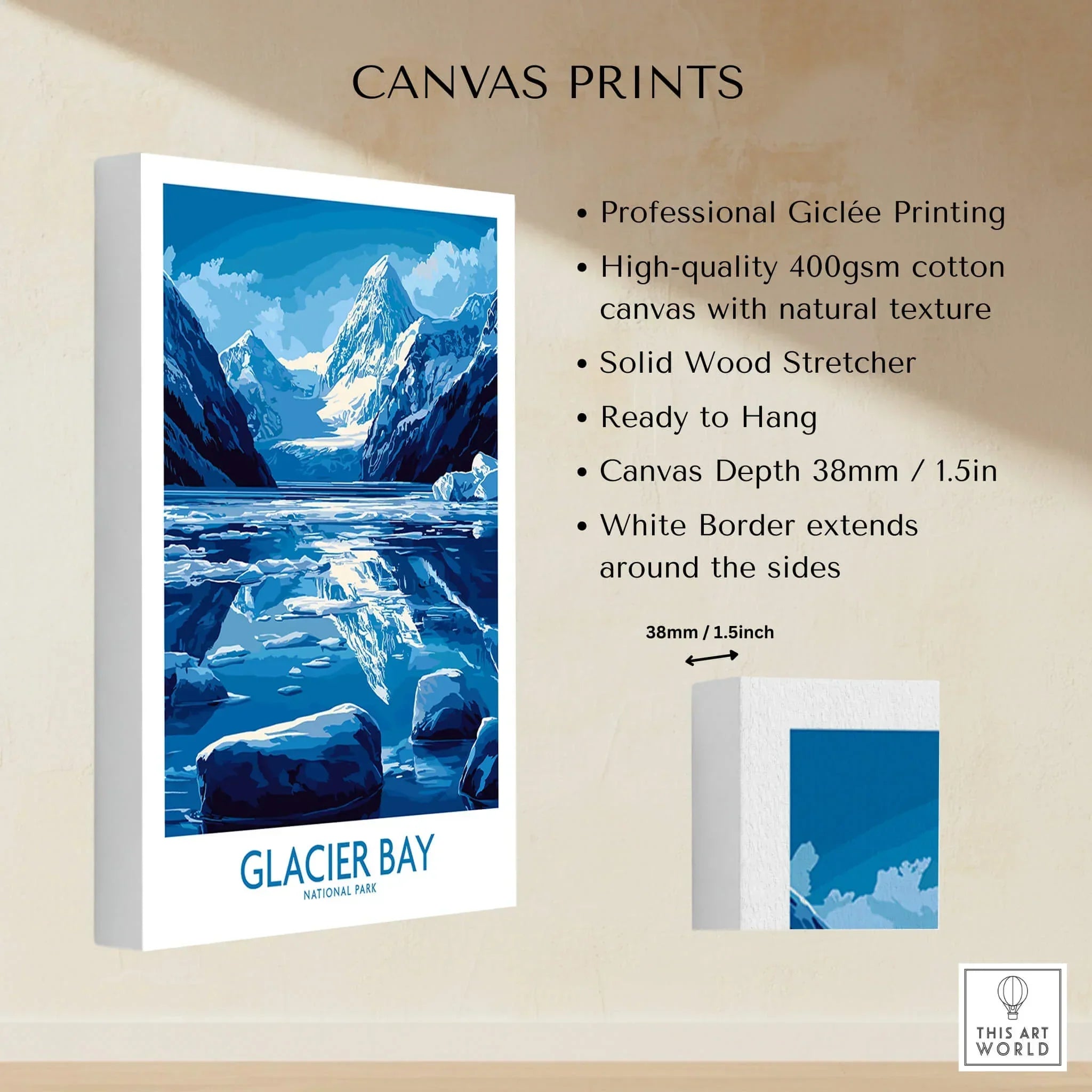 Glacier Bay National Park canvas print featuring icy blue mountains and lake reflection, wall art.