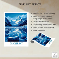 Glacier Bay fine art print with snowy mountain, icy lake, and eco-friendly details displayed