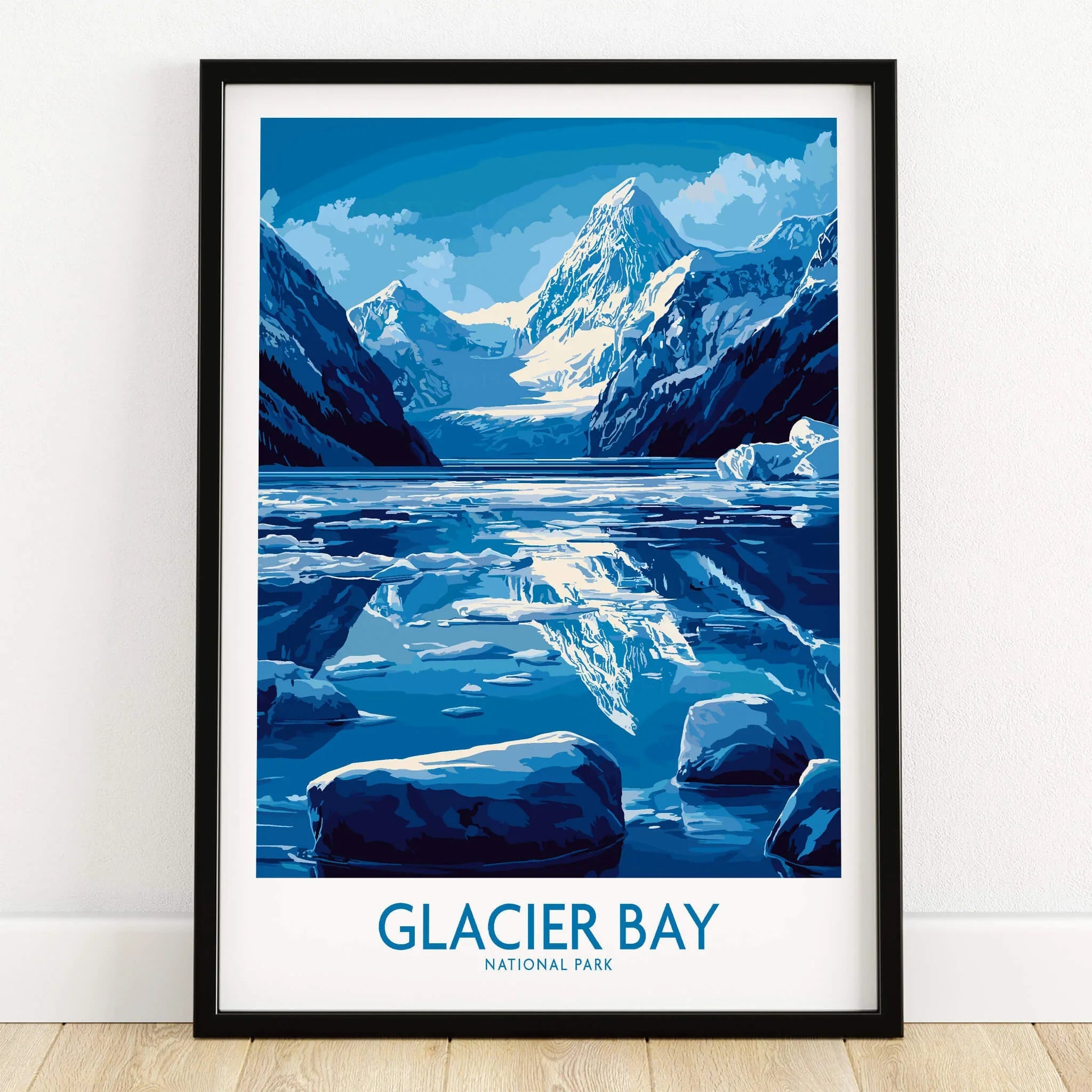 Glacier Bay National Park art print in black frame, mountain and glacier wall decor