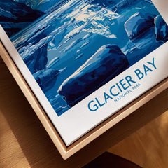 Glacier Bay National Park print in natural wood floating frame, closeup view