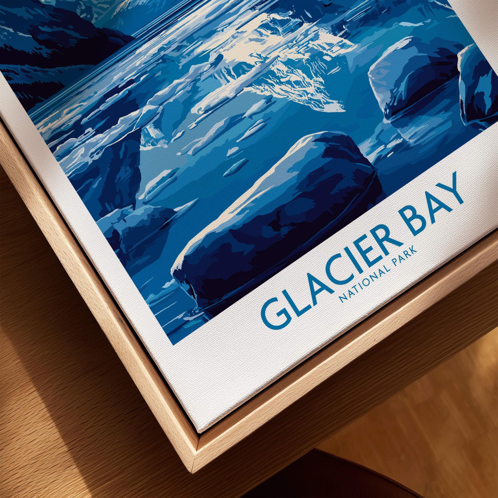 Glacier Bay National Park print in natural wood floating frame, closeup view