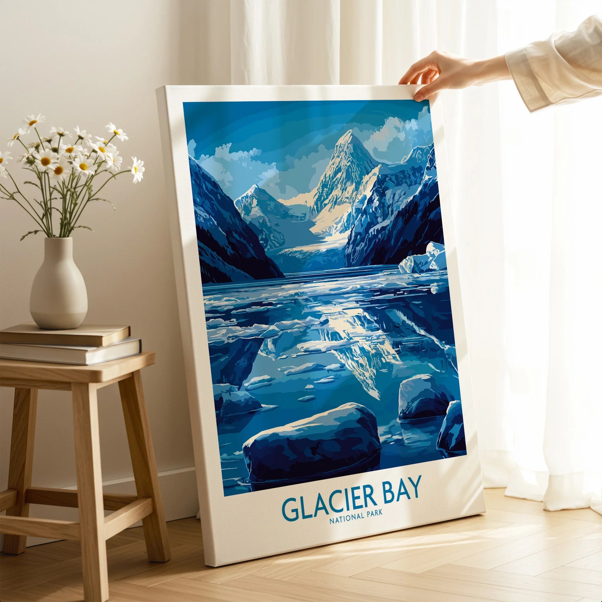Glacier Bay National Park canvas wall art with blue mountain and lake scene in modern room