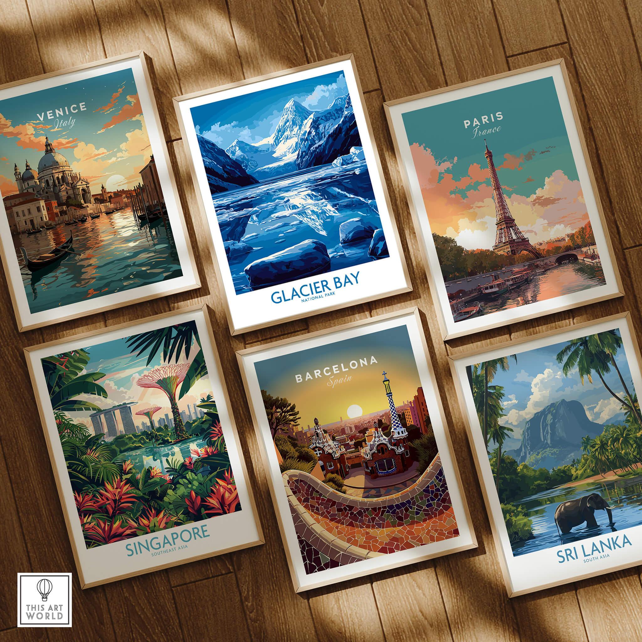 Set of six framed travel posters featuring Venice, Glacier Bay, Paris, Singapore, Barcelona, and Sri Lanka on a wooden floor.