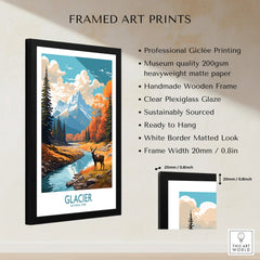 Framed Glacier National Park art print with mountain landscape, river, and deer, wall decor details