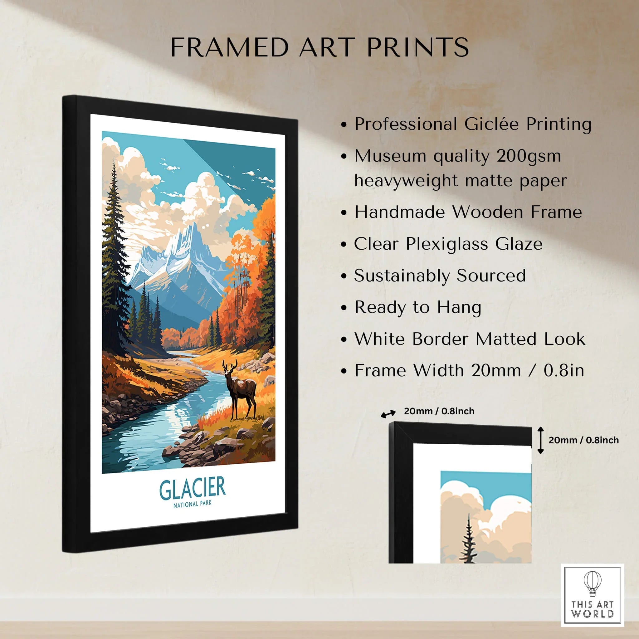Framed Glacier National Park art print with mountain landscape, river, and deer, wall decor details