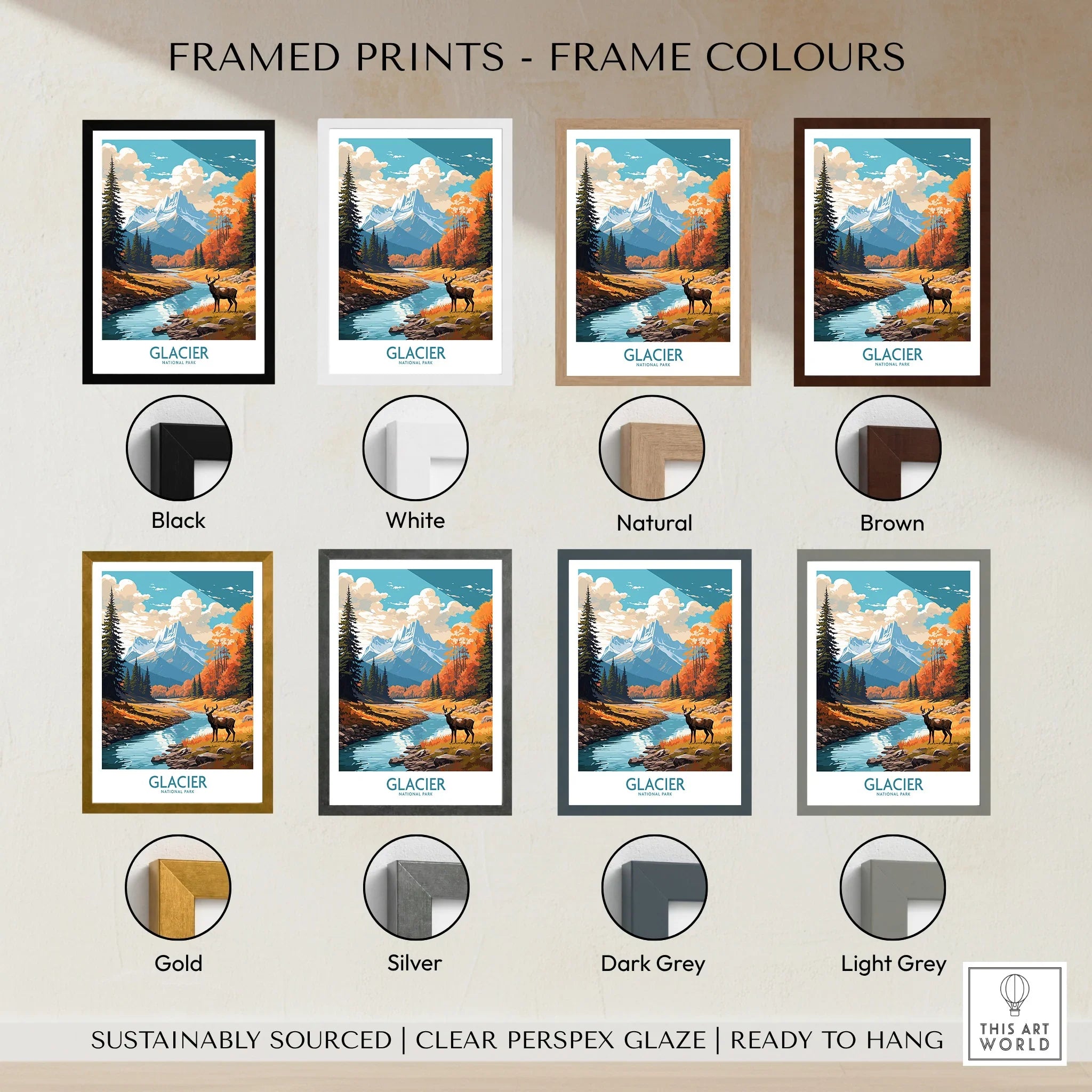 Framed Glacier National Park art print with elk and mountains, shown in eight frame color options.