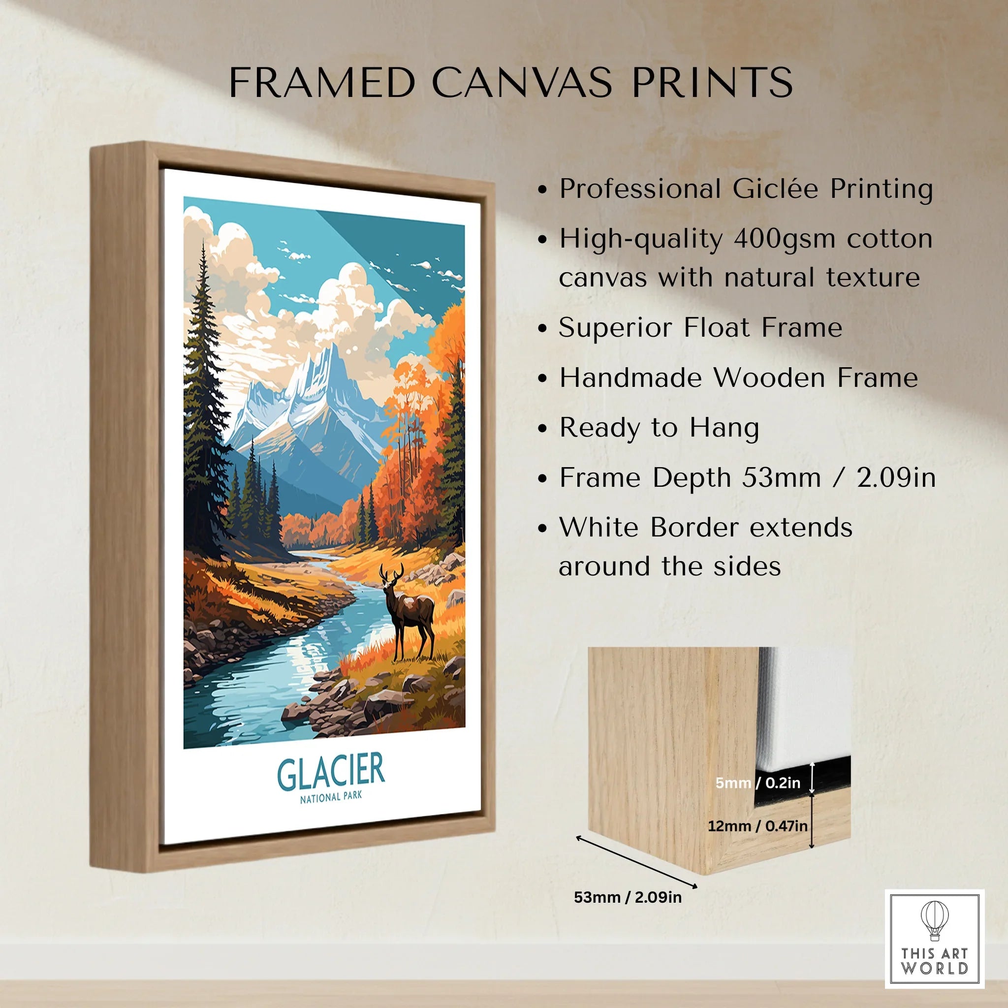 Framed Glacier National Park print with mountain, river, deer, and handmade wooden float frame.
