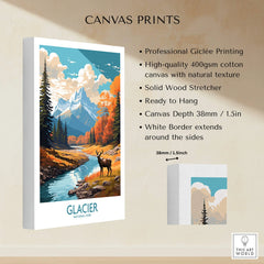 Glacier National Park canvas print with mountain, river, forest, and elk artwork details.
