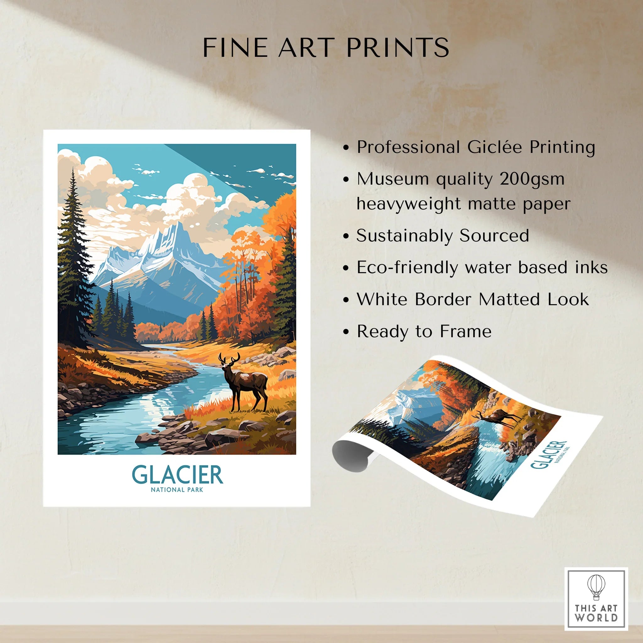 Glacier National Park art print with autumn trees, river, mountains, and elk, unframed poster.