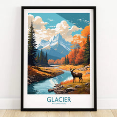 Glacier National Park art print with mountain, river, elk, autumn trees in black frame on wooden floor