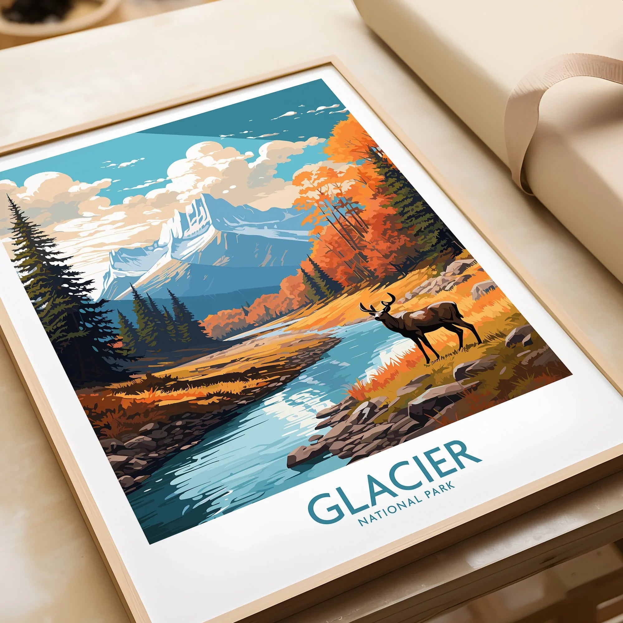 Glacier National Park art print with deer, autumn trees, river and mountains in a natural frame