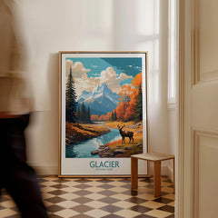 Framed Glacier National Park travel poster with mountain scenery on floor, man walking past.