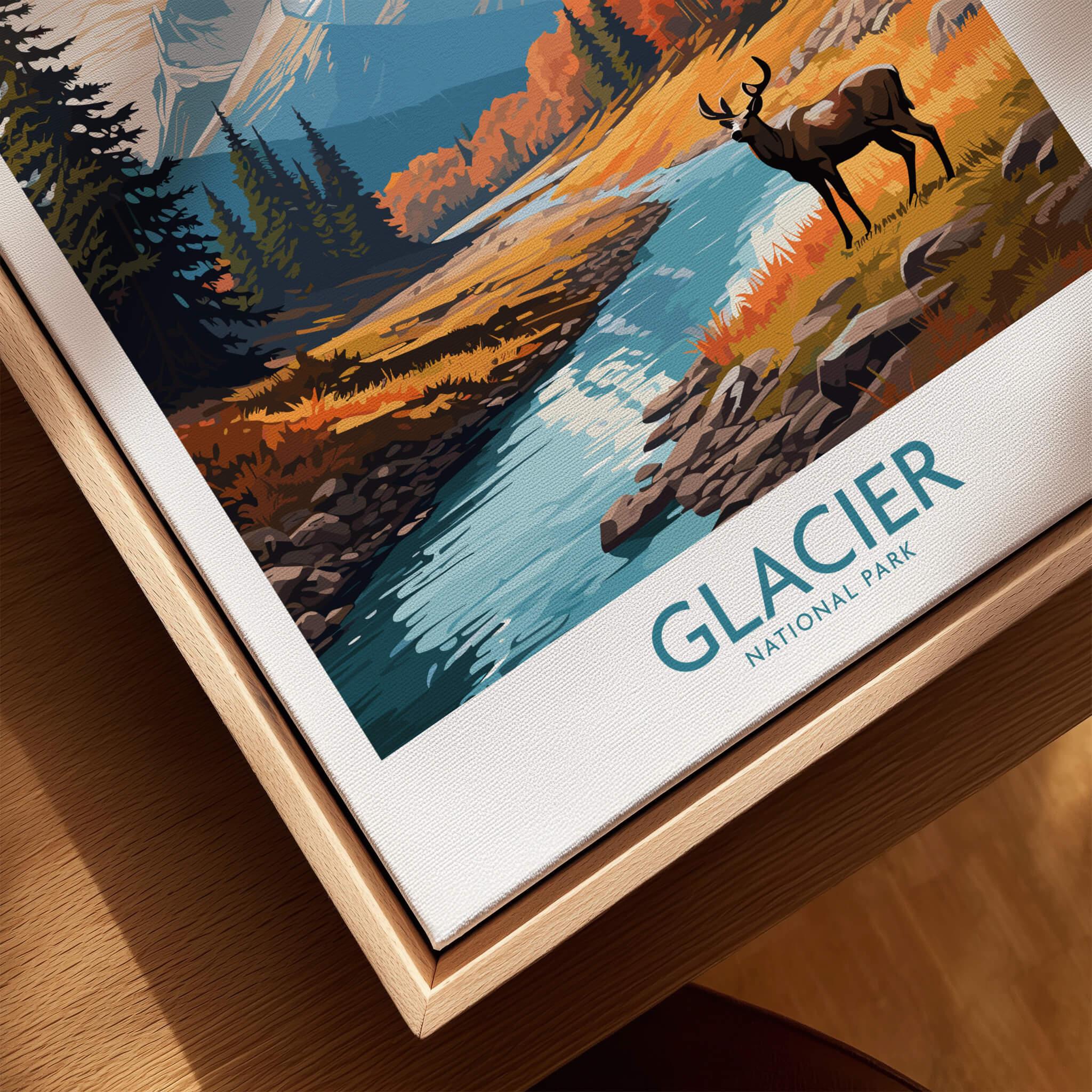 Framed Glacier National Park art print with deer, river, and autumn landscape close-up.