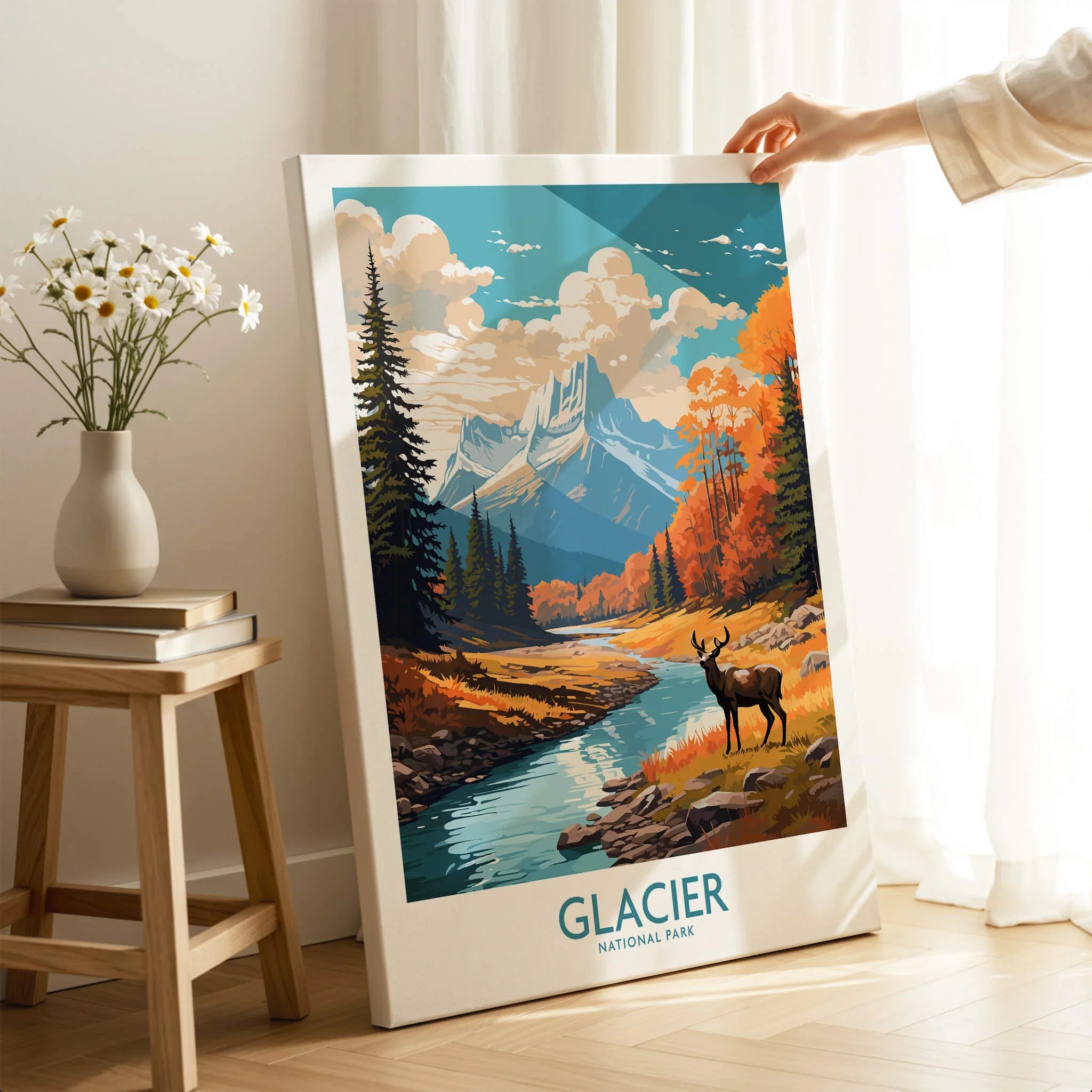 Glacier National Park canvas print with mountain landscape, river, and elk in cozy room setting