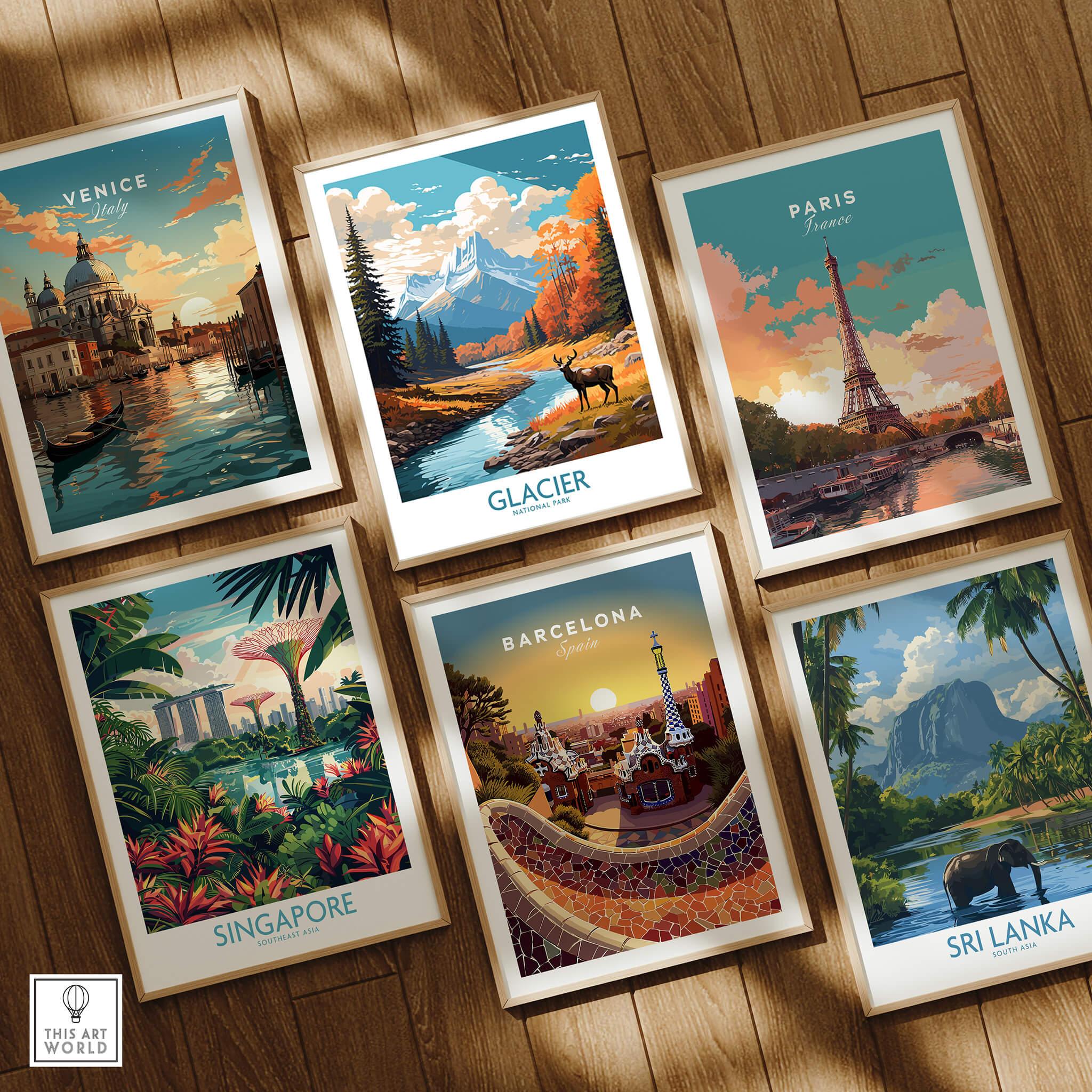 Set of six framed travel posters featuring Venice, Glacier National Park, Paris, Singapore, Barcelona, and Sri Lanka, arranged on a wooden floor.