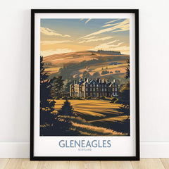 Gleneagles Scotland Golf Poster showcasing the stunning Gleneagles estate and Scottish countryside in a framed art design.