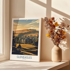 Gleneagles Scotland Golf Poster showcasing beautiful Scottish countryside views with a vase of flowers in a sunny interior.