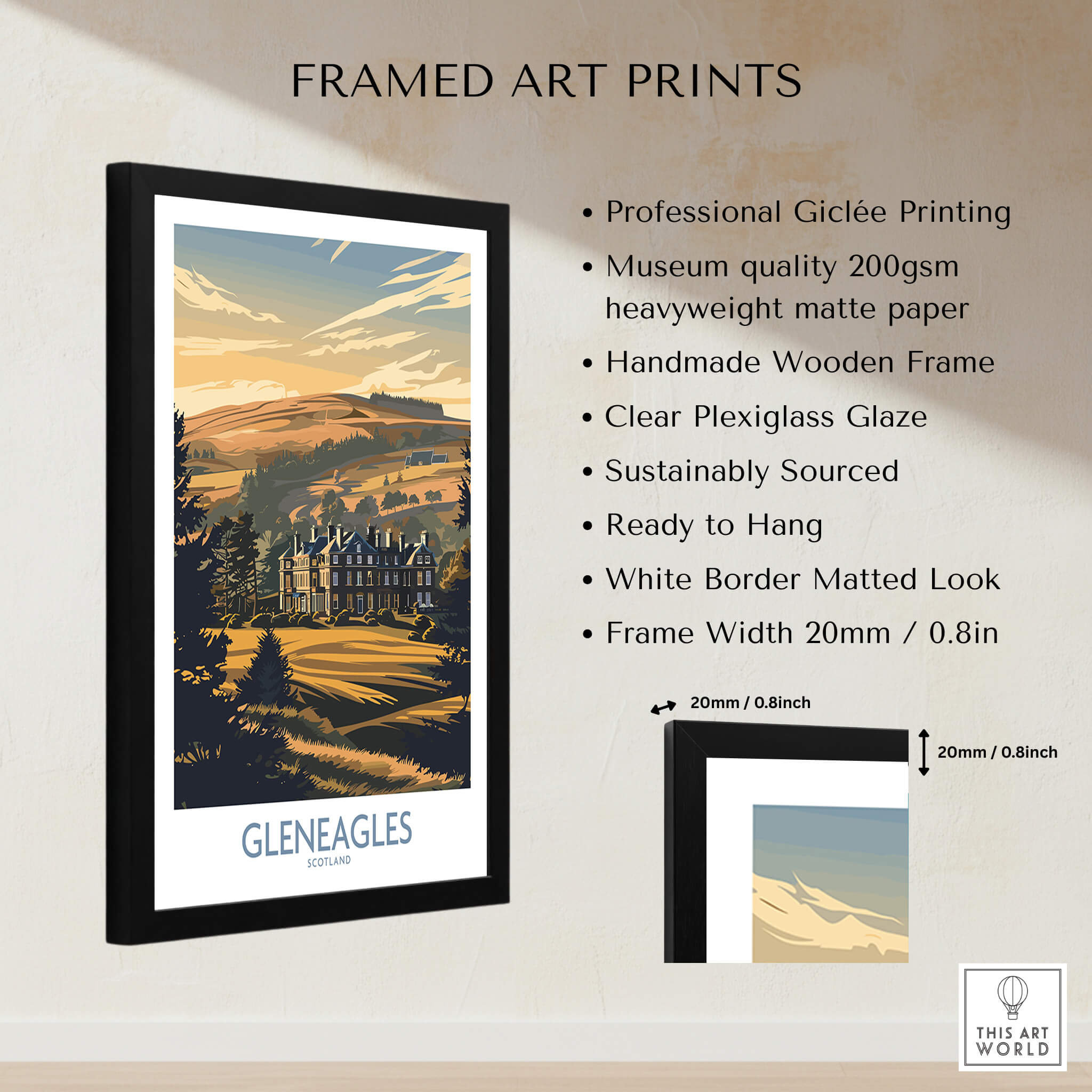 Gleneagles Scotland Golf Poster framed art print showcasing the beautiful golf course in Scotland's countryside.