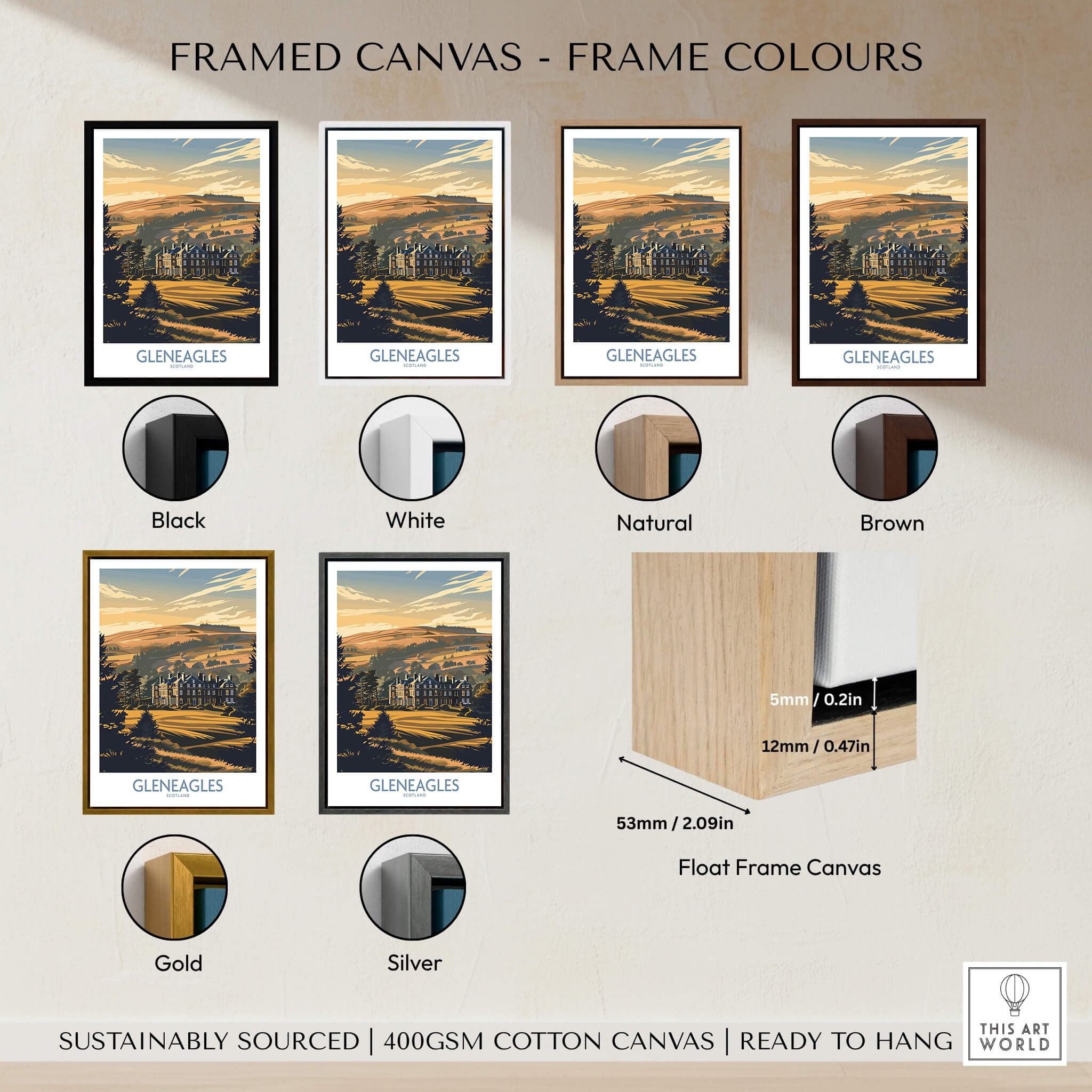 Framed Gleneagles Scotland Golf Poster showcasing various frame colors including black, white, natural, brown, gold, and silver.