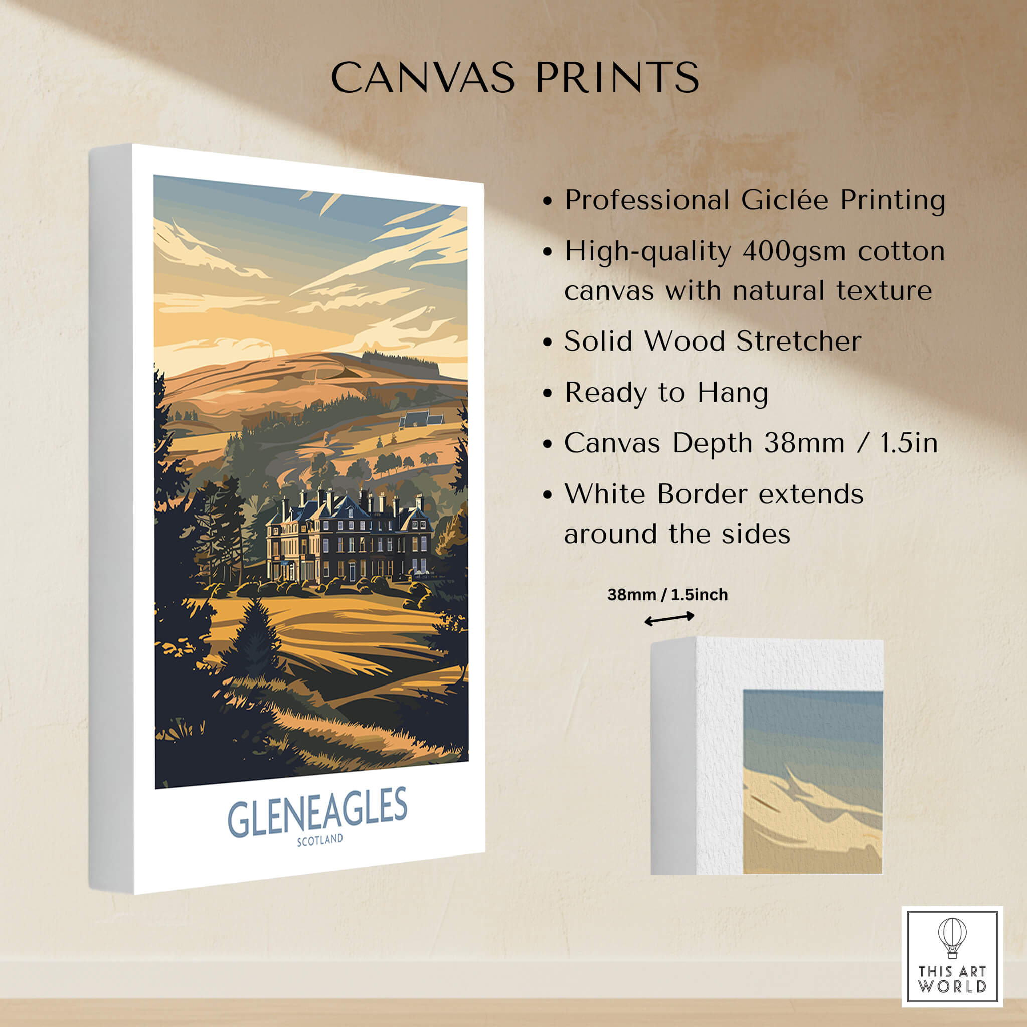 Gleneagles Scotland Golf Poster showcasing a stunning golf course canvas print ready to hang.