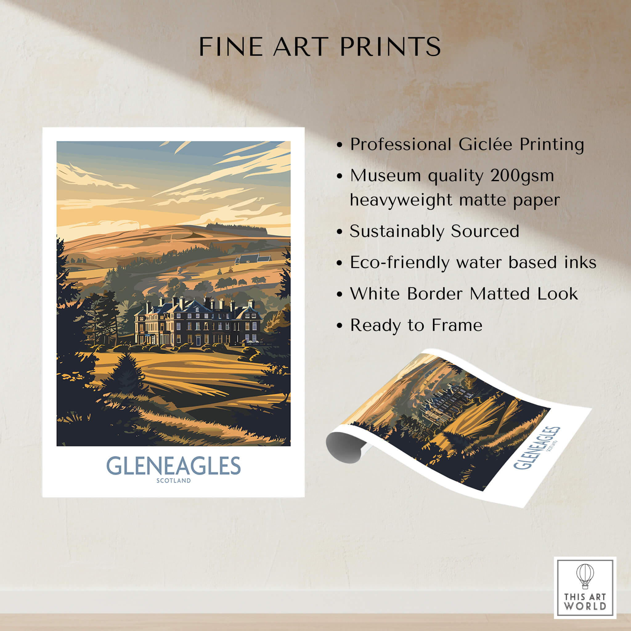Gleneagles Scotland Golf Poster showcasing stunning views of the Gleneagles golf course, perfect for golf enthusiasts.