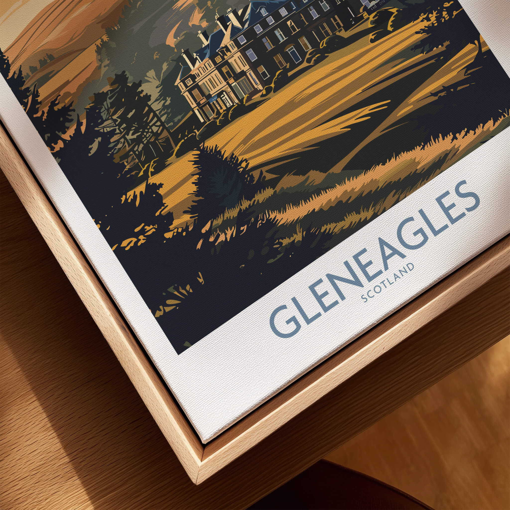 Gleneagles Scotland Golf Poster showcasing the iconic Gleneagles golf course and Scottish countryside. Perfect wall art for enthusiasts.