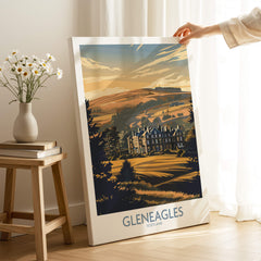Gleneagles Scotland Golf Poster showcasing the scenic Scottish countryside and iconic golf course at Gleneagles.