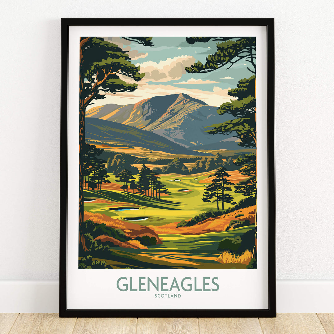 Gleneagles Scotland Wall Art featuring the iconic golf course and beautiful landscape of the Scottish Highlands.