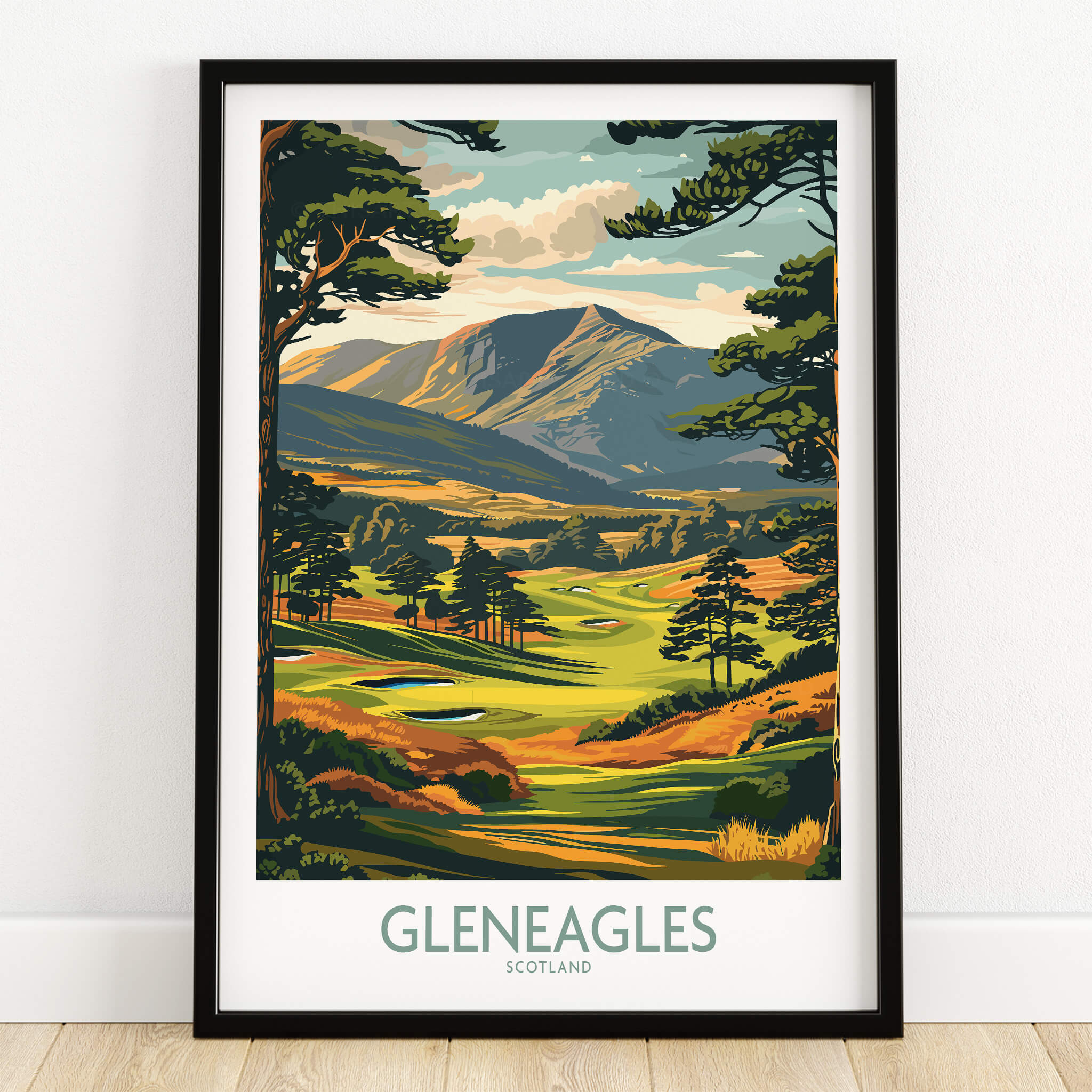 Gleneagles Scotland Wall Art featuring the iconic golf course and beautiful landscape of the Scottish Highlands.