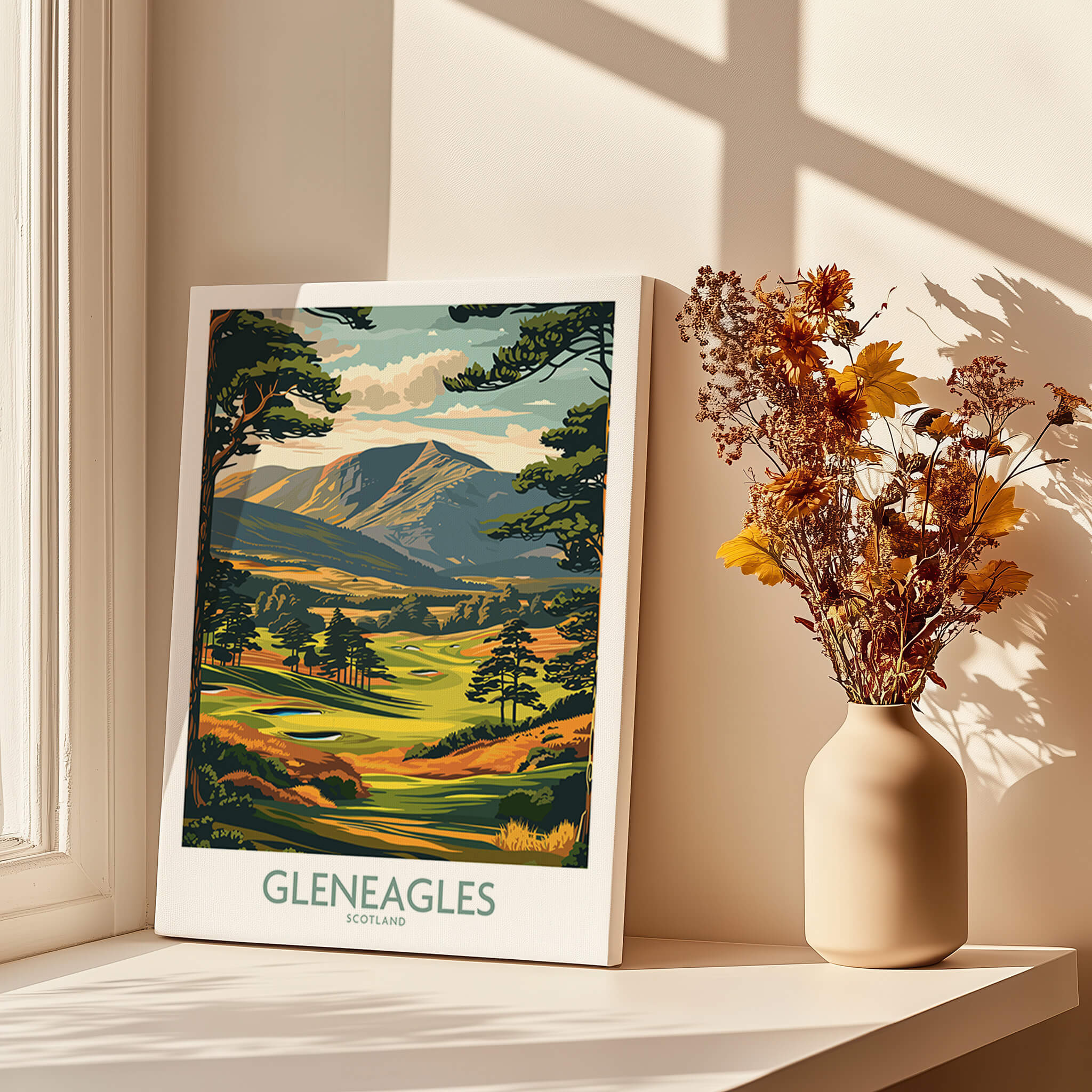 Gleneagles Scotland Wall Art showcasing lush green golf course landscape and scenic hills in a stylish frame.