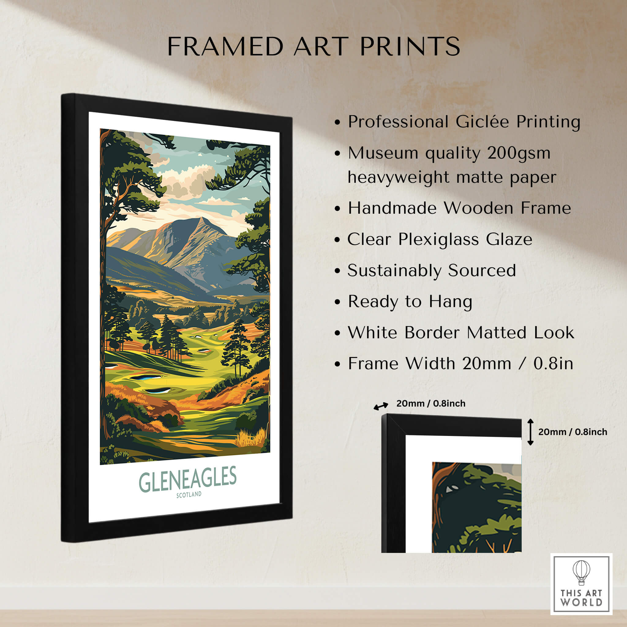Gleneagles Scotland Wall Art framed print featuring a vibrant landscape and professional Giclée quality.