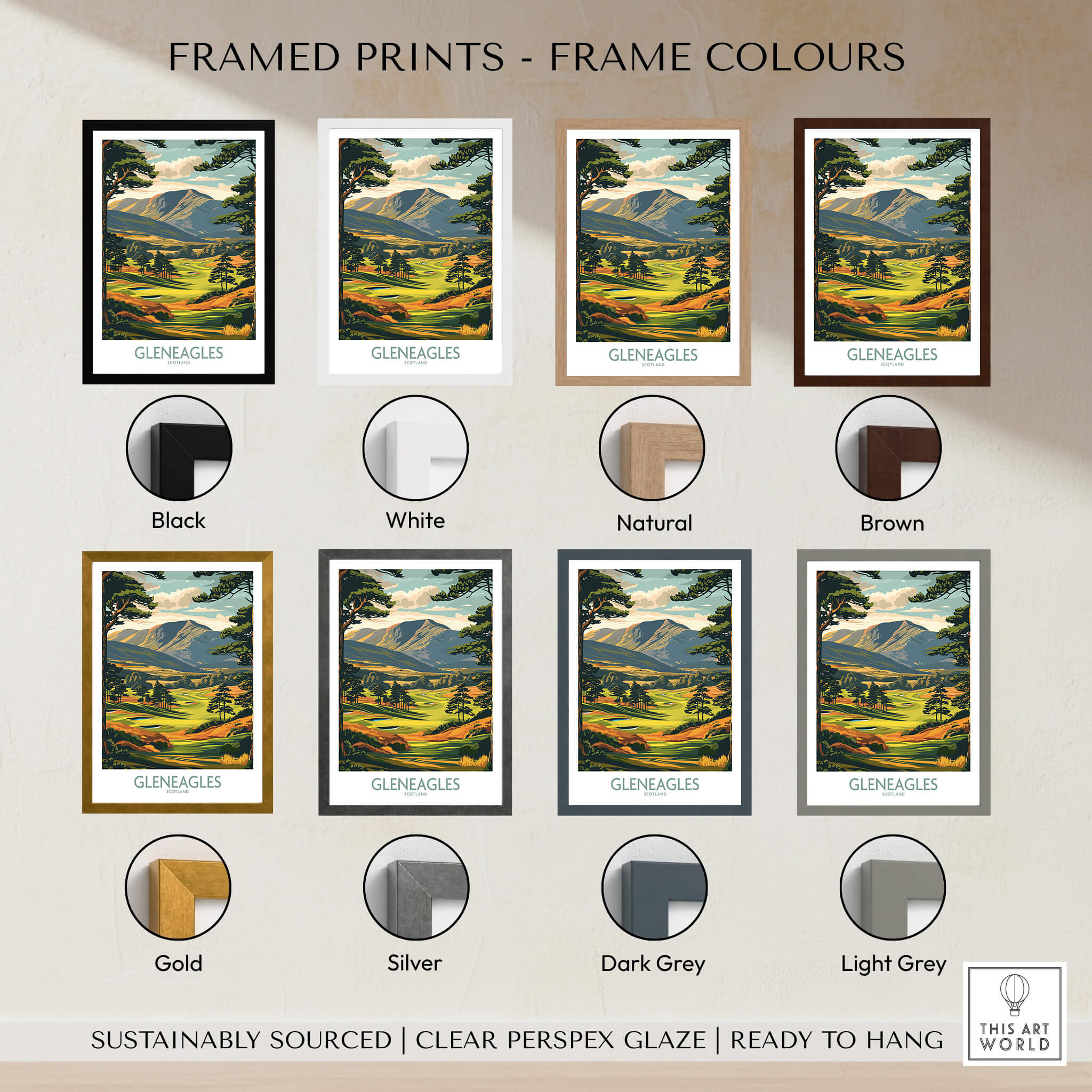 Gleneagles Scotland Wall Art framed print options in various colors including black, white, natural, and brown.