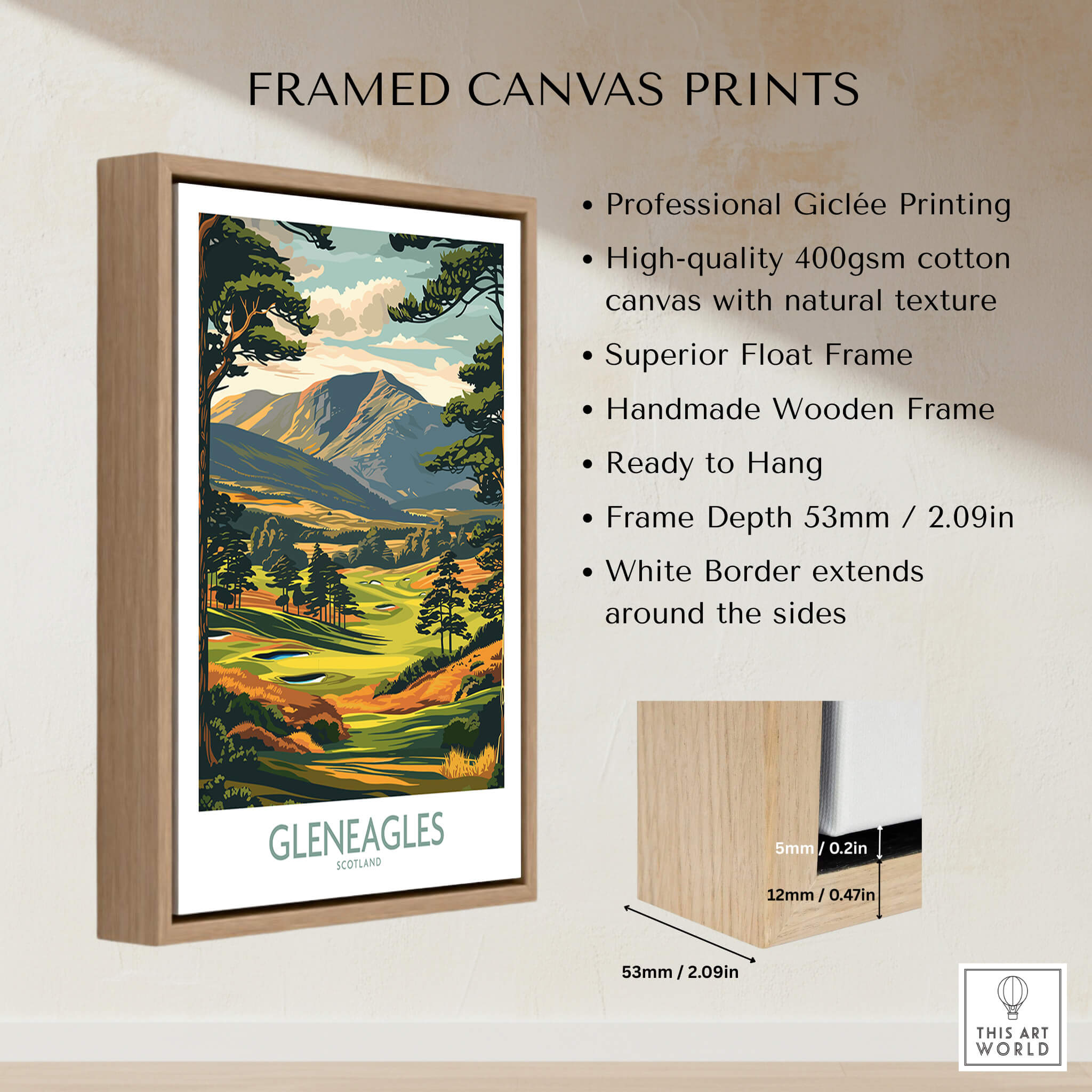 Gleneagles Scotland Wall Art framed canvas print showcasing lush greens and breathtaking landscape of the iconic golf course.